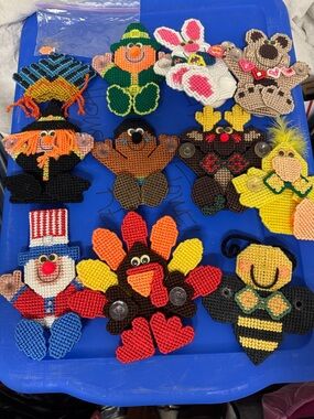Vintage Plastic Canvas Holiday Magnet Lot - 11 pc Handmade Seasonal Decor